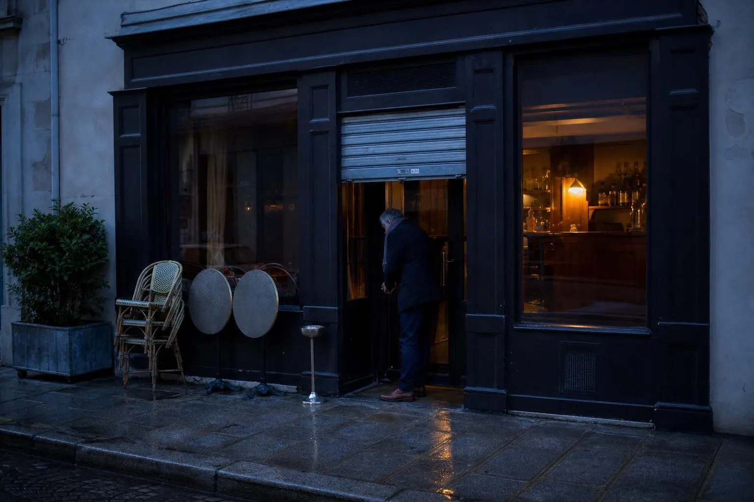 Facade d un cafe concert de quartier au crepuscule, terrasse rangee et rideau metallique a demi releve