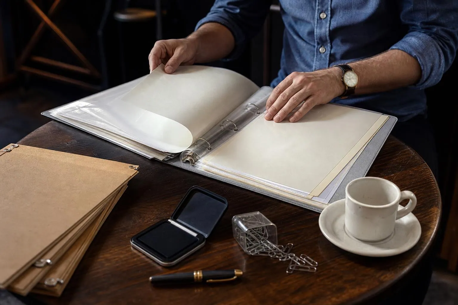 Classeur a levier ouvert sur une table de bar, pochettes transparentes, tampon encreur et trombones sous une suspension en laiton