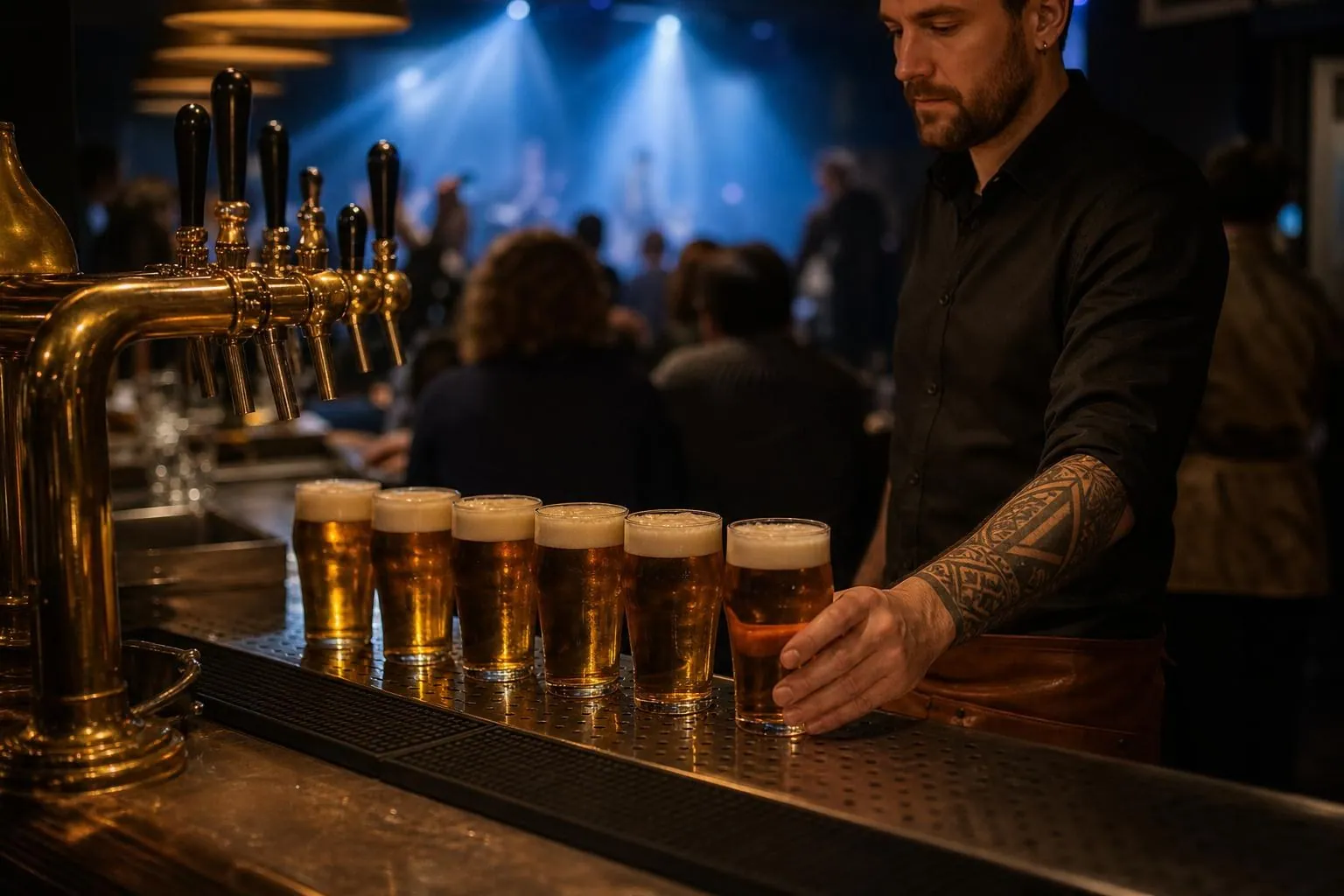 Barman alignant des verres a biere pleins sur un comptoir en zinc devant une tireuse en laiton, salle sombre au fond