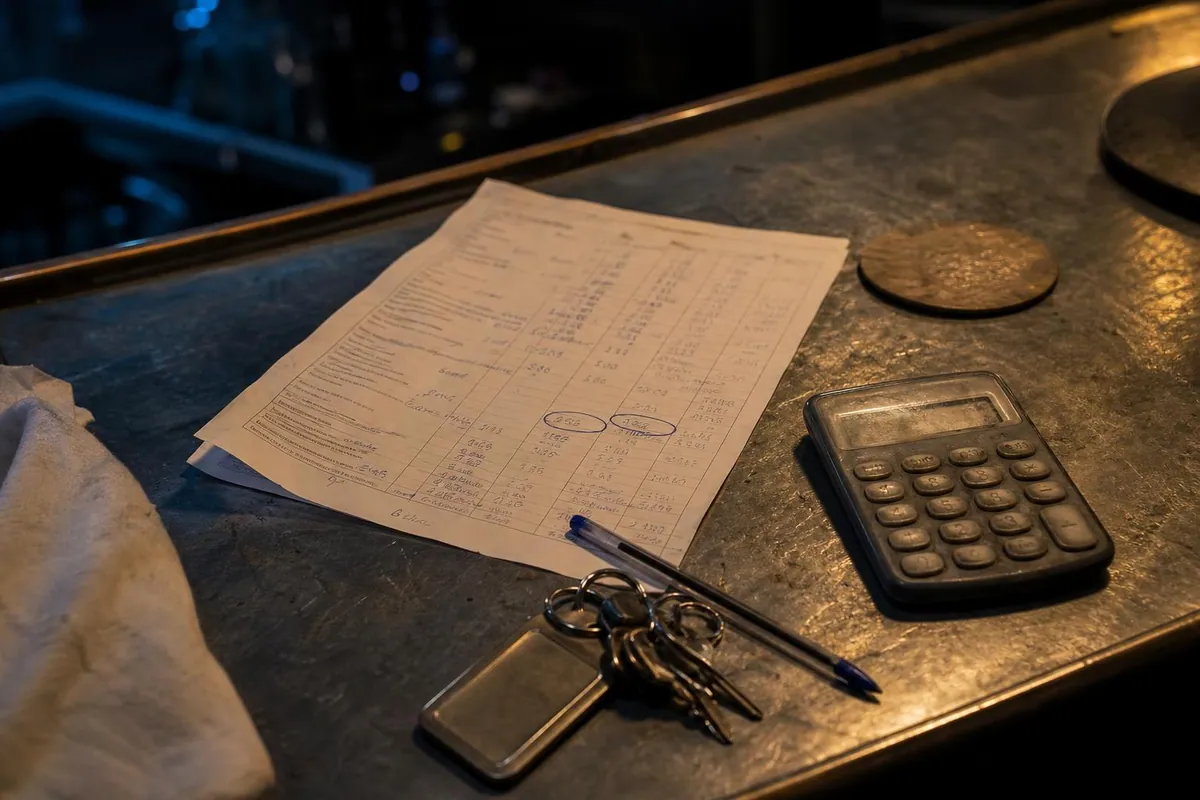 Gros plan sur un contrat d’engagement papier annoté au stylo, posé sur un comptoir en zinc à côté d’une calculatrice et d’un trousseau de clés