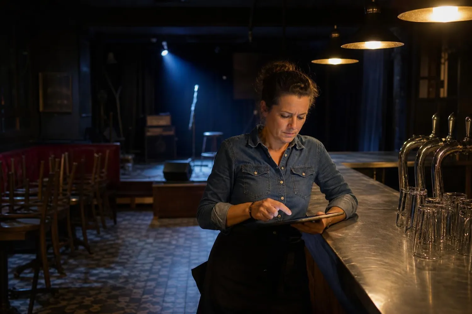 Exploitante de bar musical accoudée à son comptoir en zinc, tablette à la main, devant une petite scène éclairée en veilleuse