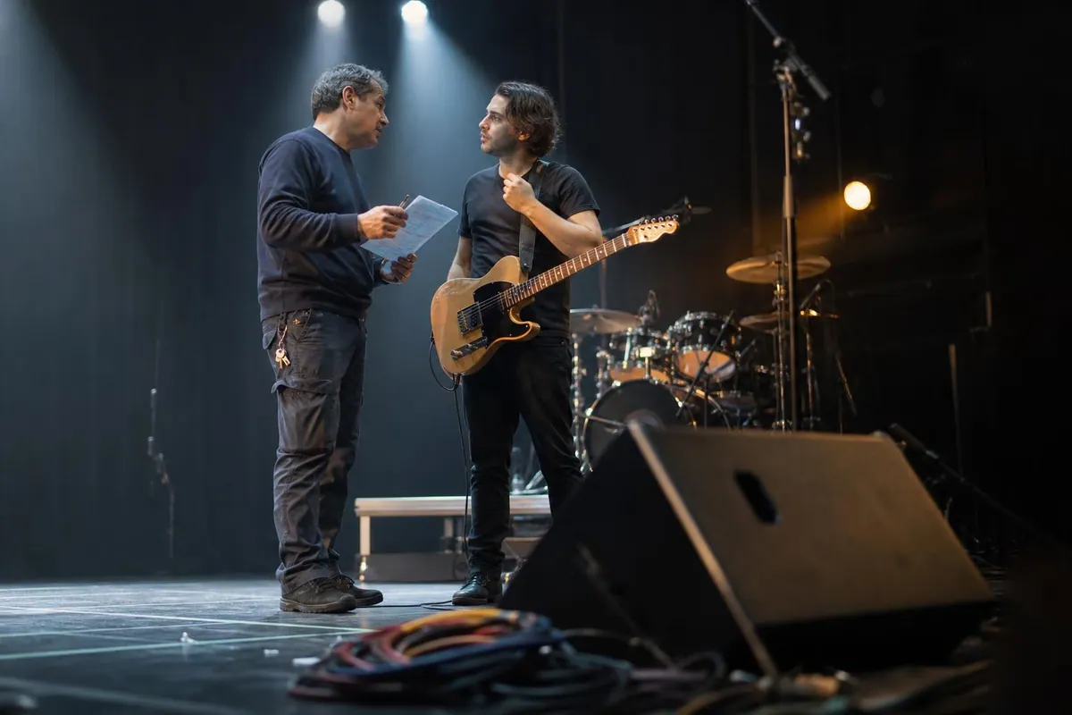 Programmateur et guitariste discutant au bord d’une petite scène pendant la balance, enceintes et câbles au premier plan